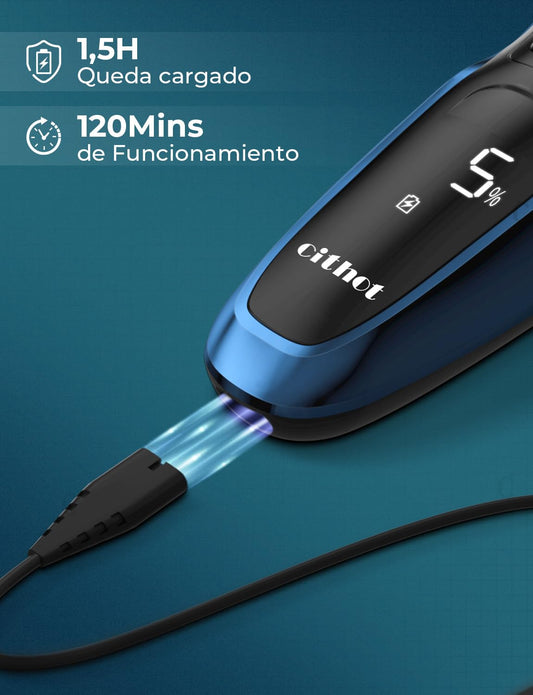 CITHOT Maquinilla de Afeitar Hombre de acero inoxidable impermeable IPX 7, Afeitadora Eléctrica Inalámbrica Recargable para hombre, Afeitado en seco y húmedo, Recortador de barba con pantalla LCD,Azul