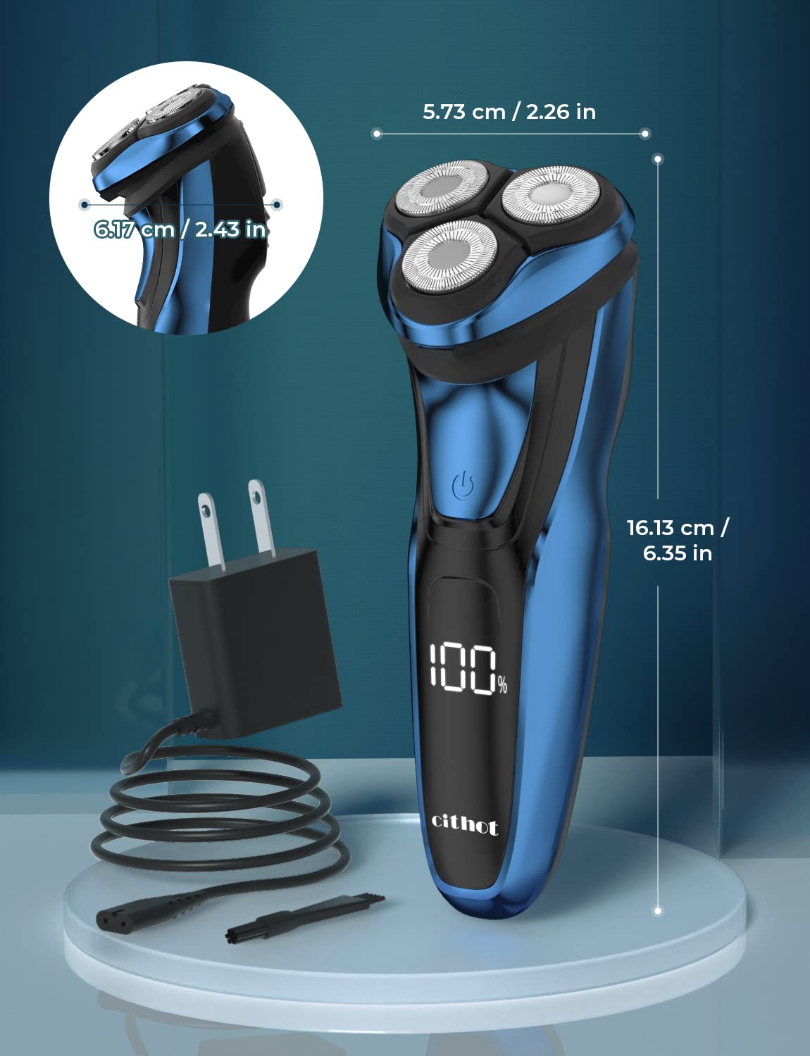 CITHOT Maquinilla de Afeitar Hombre de acero inoxidable impermeable IPX 7, Afeitadora Eléctrica Inalámbrica Recargable para hombre, Afeitado en seco y húmedo, Recortador de barba con pantalla LCD,Azul