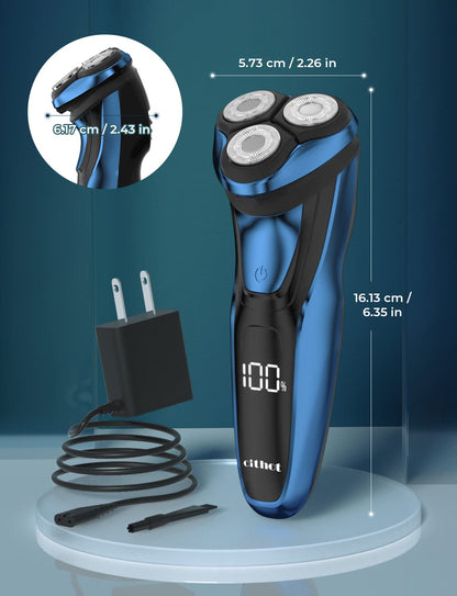CITHOT Maquinilla de Afeitar Hombre de acero inoxidable impermeable IPX 7, Afeitadora Eléctrica Inalámbrica Recargable para hombre, Afeitado en seco y húmedo, Recortador de barba con pantalla LCD,Azul