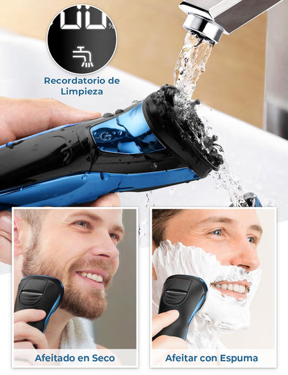 CITHOT Maquinilla de Afeitar Hombre de acero inoxidable impermeable IPX 7, Afeitadora Eléctrica Inalámbrica Recargable para hombre, Afeitado en seco y húmedo, Recortador de barba con pantalla LCD,Azul