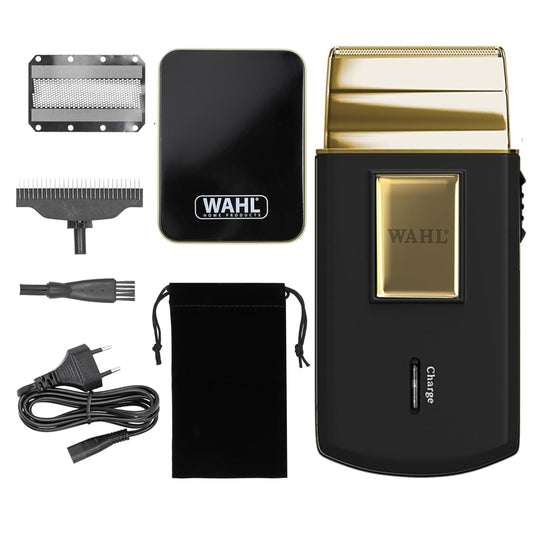 Wahl Travel Shaver Gold Edition Afeitadora eléctrica sin cable y recargable para hombre, óptimo para viajar, para cortar el pelo y la barba, compacta y portátil, Oro