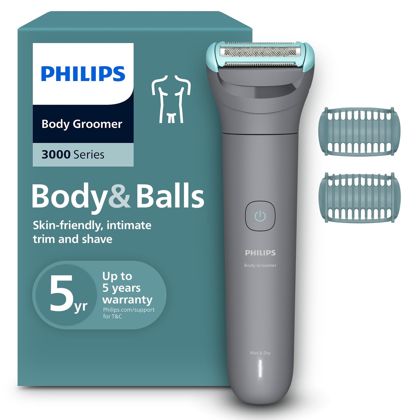 Philips Afeitadora Corporal series 3000 - Depiladora Masculina con sistema de protección, Recorta y depila zonas íntimas, Afeitado suave y apurado, 100% impermeable, 80 min. de autonomía, BG3480/15.