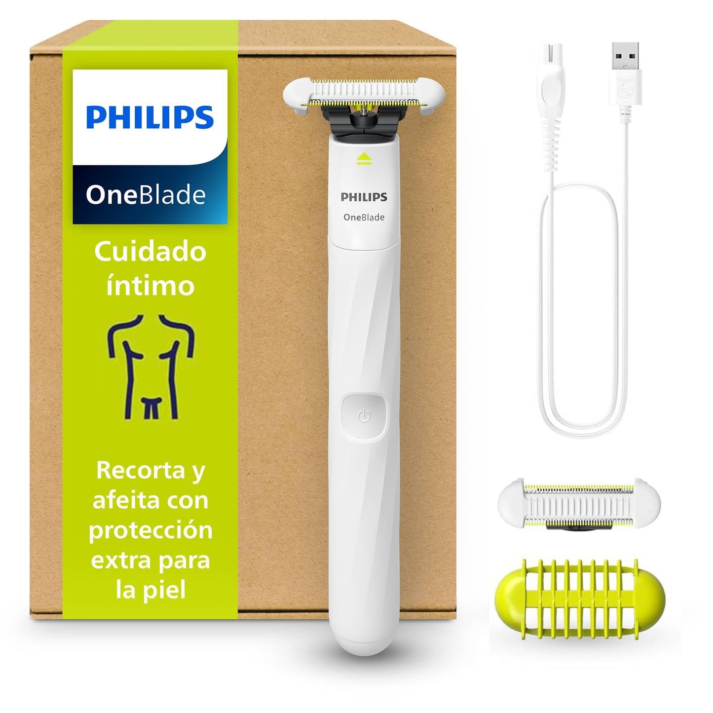 Philips OneBlade Intimate, Cuidado Íntimo, Recorta y Afeita con Protección Extra para la Piel, Depilación apurada y cómoda — sin rasurar completamente al ras, Modelo QP1924/30