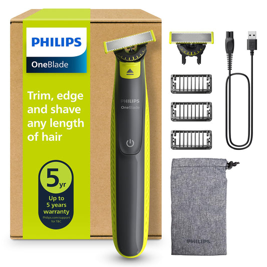 Philips OneBlade 360 Auténtico Recortadora y afeitadora eléctrica para barba, 2 cuchillas 360, 3 peines para barba incipiente (1,3,5 mm), QP2724/31