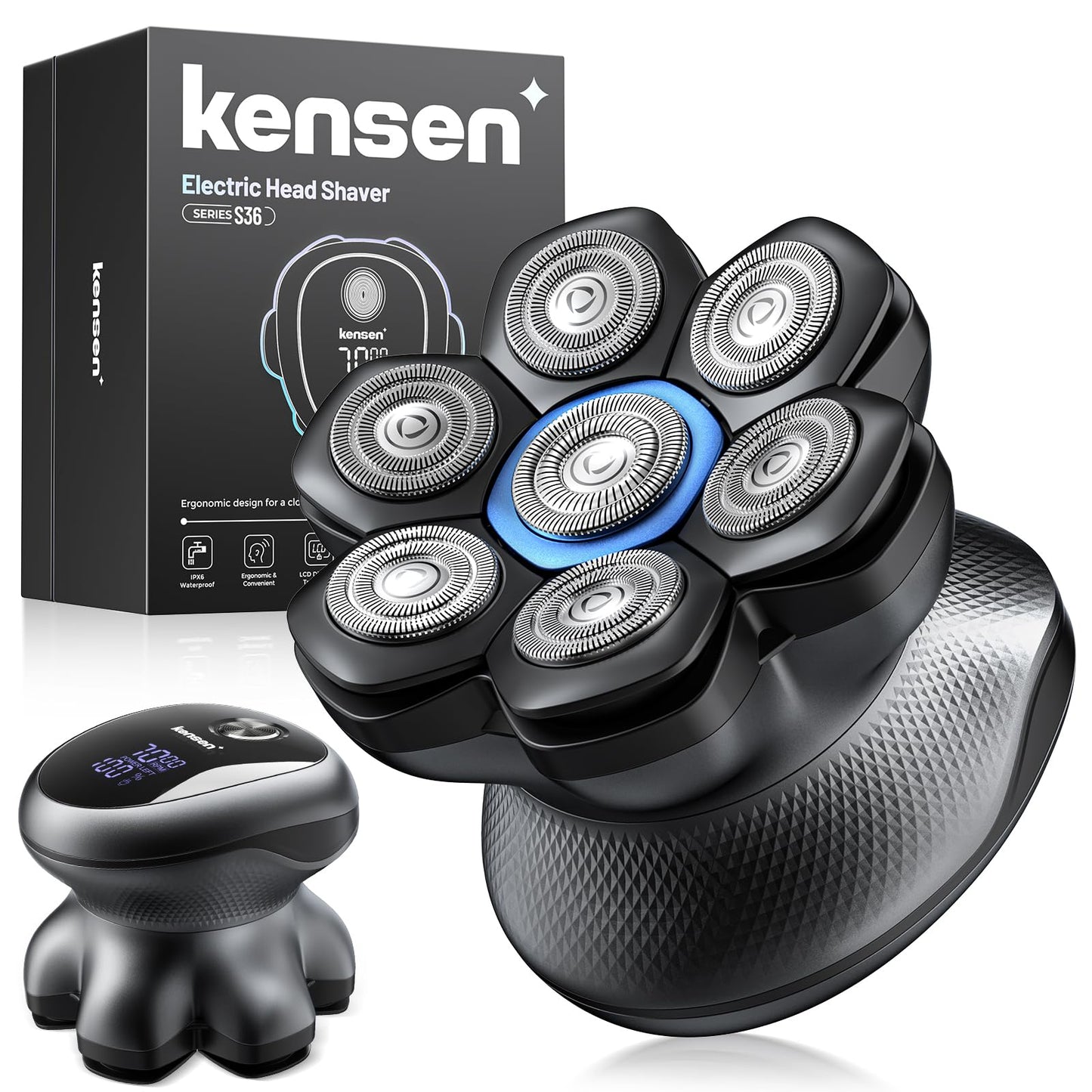 kensen Afeitadora Cabeza Hombre, Máquina de Afeitar Cabeza con 2 Velocidades, 7D Cabezales Magnéticos, Afeitadora Electrica Hombre Calva en Seco y Húmedo, IPX6 Impermeable, Carga USB-C, Pantalla LED